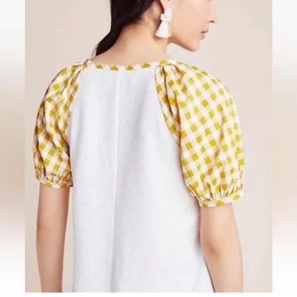 Anthropologie White And butter Yellow Gingham Blair Top small blouse cottagecore - Picture 3 of 13